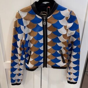Doma Blue and Tan Scallop Pattern Vintage Patchwork Leather Jacket. Size Small